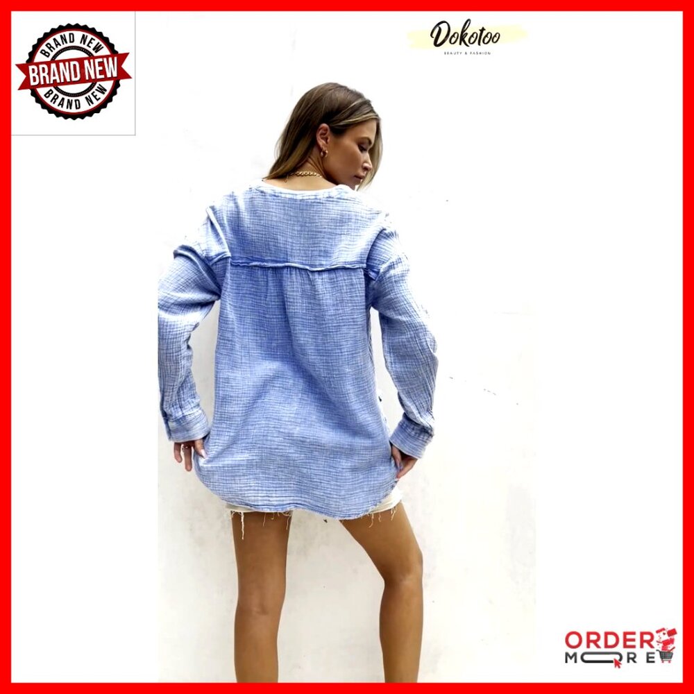 Oversized Button-Down Blouse With V-Neck And Long… - image 7